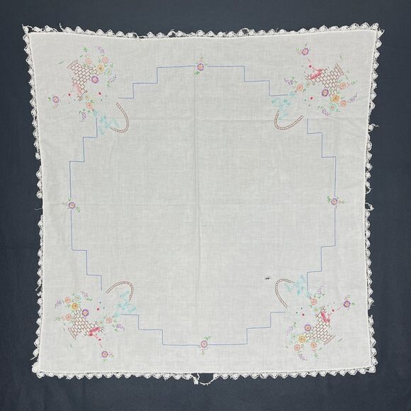 2 VTG kitchen Tablecloth Material 33in x 33in Hand Embroidered Flowers 1950s MCM - Picture 2 of 16